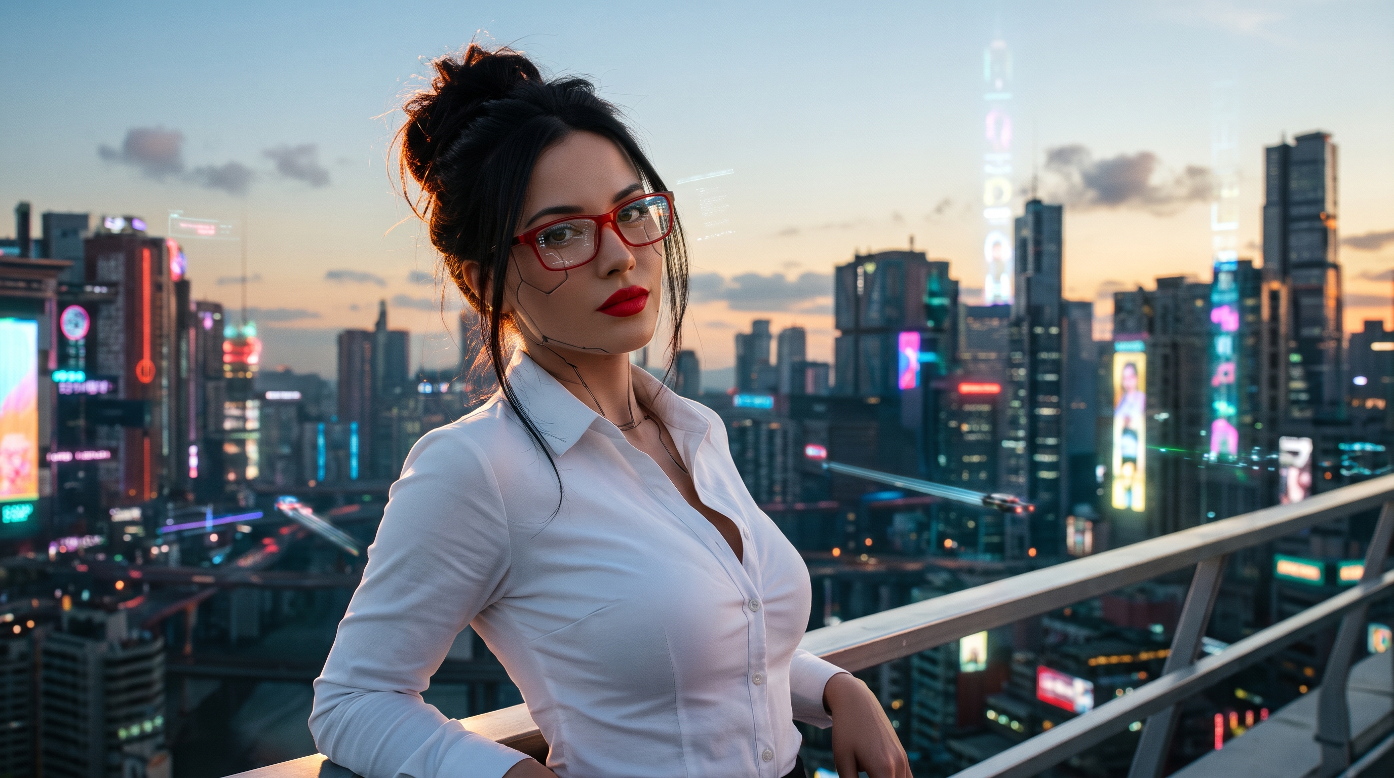 Portrait of Elexir with a holographic heads-up display reflected in her red glasses