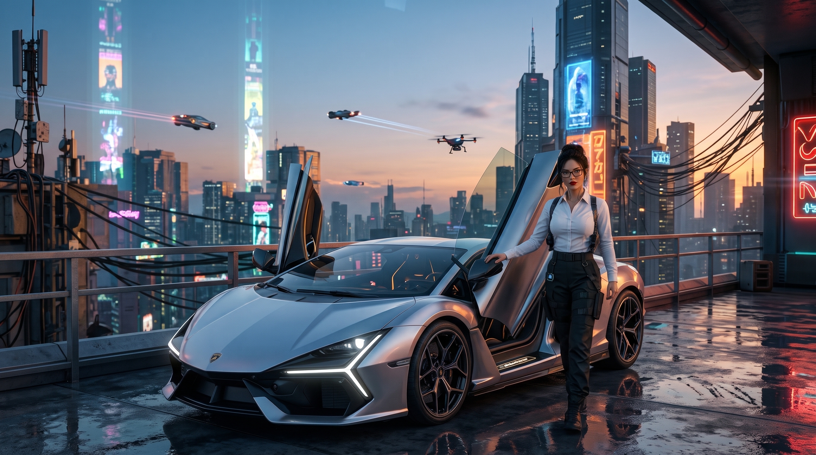 Elexir walking beside a silver supercar with gull-wing doors on a rain-slick rooftop above the city